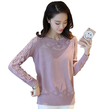 

Women Lace Patchwork Sweater Solid Color Hollow Knitted Sweater 2018 New Spring Autumn Female Fashion Loose Sweater YP0764
