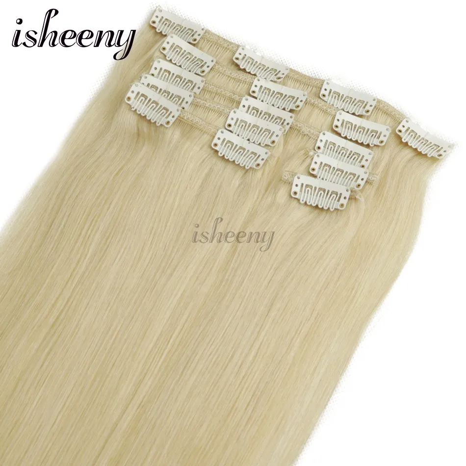 Isheeny 1"-22" человеческих волос клип в наращивание волос 7 шт./компл. 613# блондин человеческие волосы прямые волосы