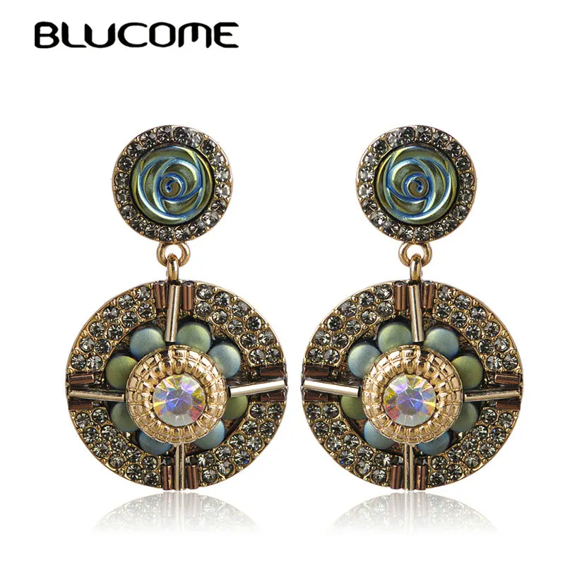 

Blucome Luxury Vintage Women Earrings Full Crystals Rose Flower Drop Earrings Women Party Birthday Gifts Ear Piercings Jewelry
