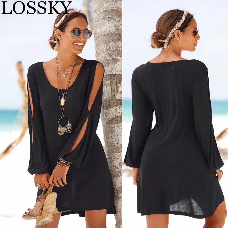 

Sexy Hollow Out Beach Mini Dress Casual Loose O Neck Long Sleeve Women's Summer White Pink Black Dress Holiday Dresses Robe 2019