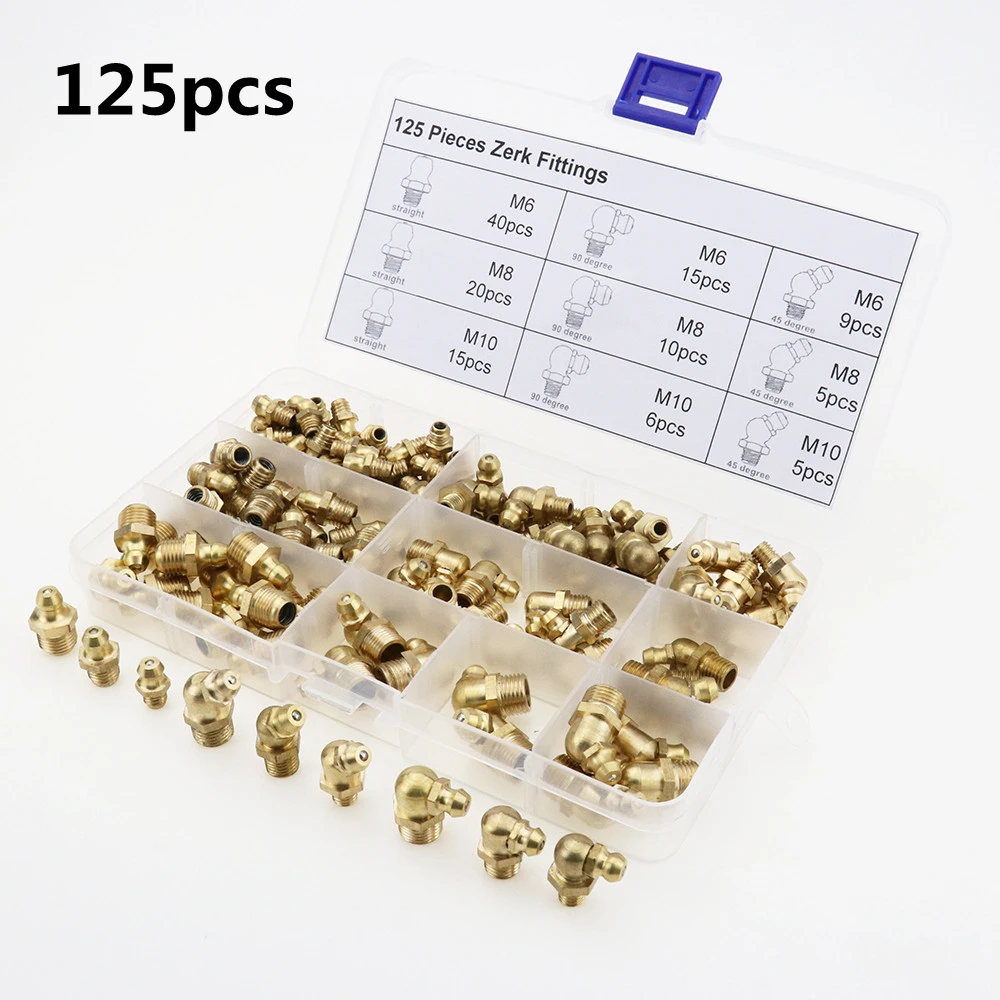 

125pcs Hydraulic Metric Brass Zerk Grease Nipple Fitting Assortment M6/M8/M10 Grease Nipple Fitting Machinery Parts Pipe Fitting