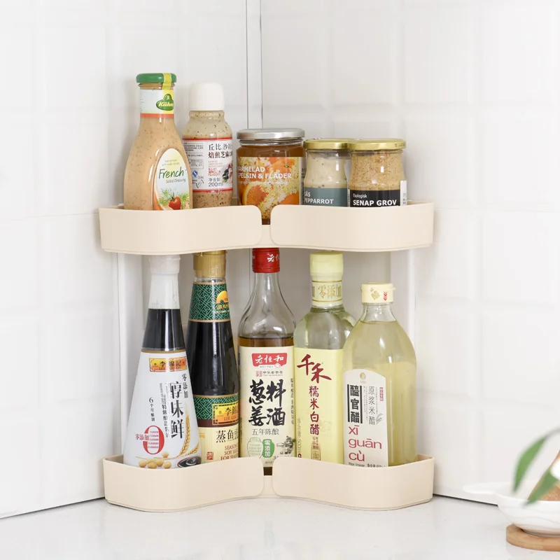 Double corner shelf plastic floor storage rack kitchen multi layer seasoning shelf rackin