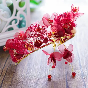 

FORSEVEN Chinese Red Flowers Petals Bridal Bride Wedding Hair Jewelry Tiaras Set Hairband Long Fairy Ear Clip Dangle Earring