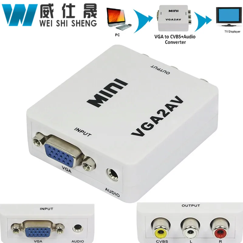 1080P Mini VGA to AV RCA Converter with 3.5mm Audio VGA2AV/CVBS+Audio Convertor for HDTV PC