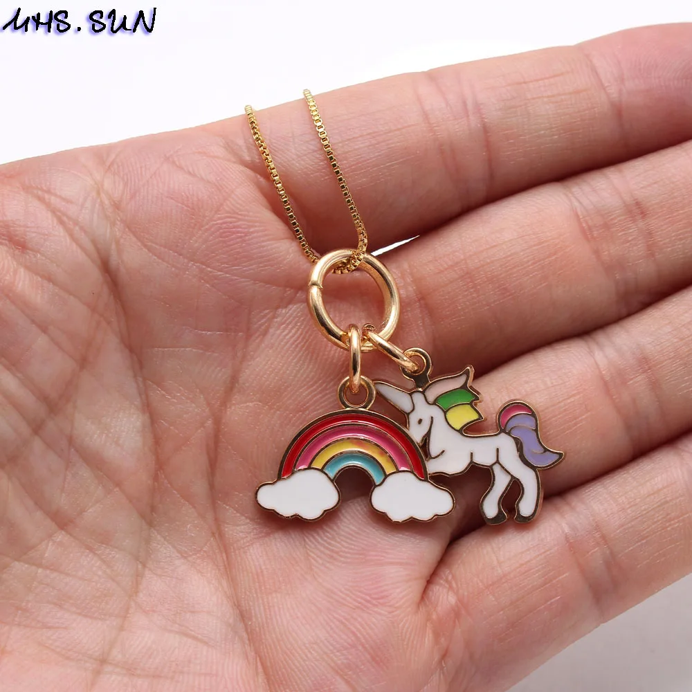 MHS.SUN Fashion Unicorn Kids Girls Long Chain Necklace Cute Rainbow Heart Conch Charming Pendants Necklace For Baby Children 1Pc