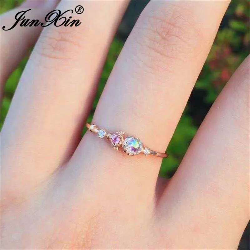 JUNXIN женское милое Радужное Кристальное кольцо, розовое золото, заполненное маленьким камнем, минималистичные тонкие кольца для женщин, CZ простое ювелирное изделие