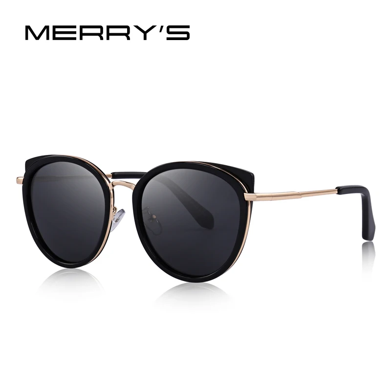 MERRYS, дизайнерские женские солнцезащитные очки кошачий глаз, Дамская мода, поляризационные солнцезащитные очки, металлические дужки, защита от уф400 лучей, S6227 - Цвет линз: C01 Black