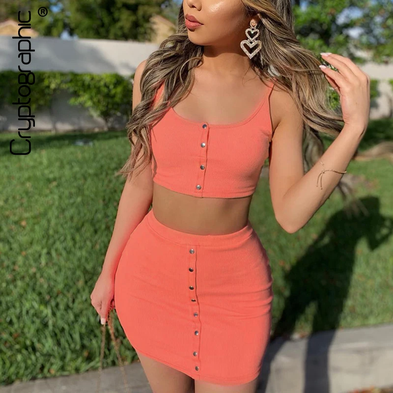 

Cryptographic Buttons Top and Skirt Set Two Piece Outfits Summer Fashion Matching Set Sexy Camis Crop Tops High Waist Skirts