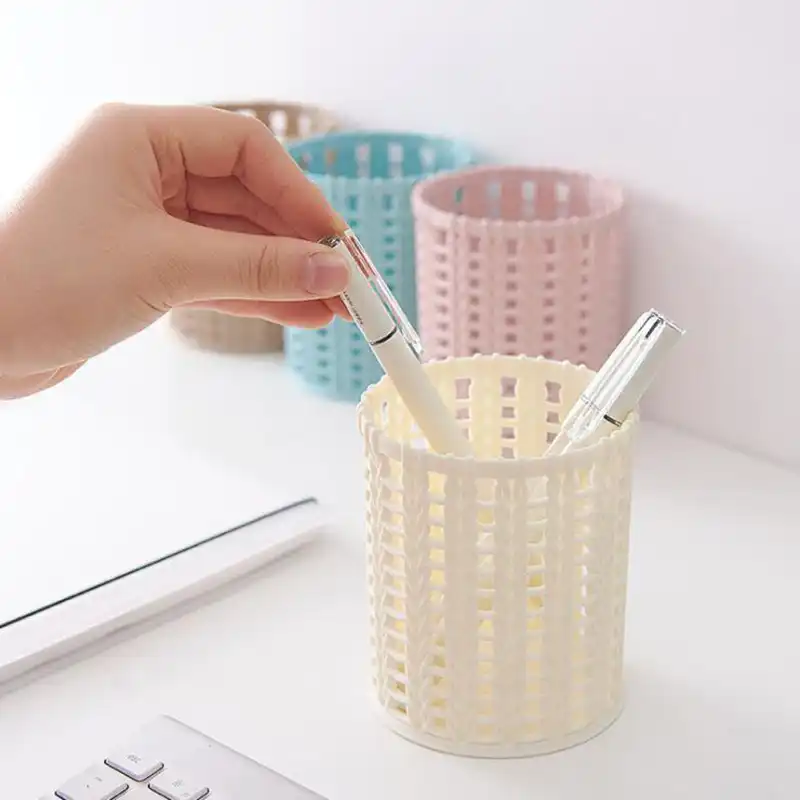 Storage Home Makeup Pencil Holder Brush Container Cylinder Hollow Rattan Basket