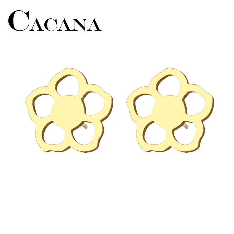 CACANA Stainless Steel Stud Earring For Women Man Flower Gold And Silver Color Lover's Engagement Jewelry Drop Shipping