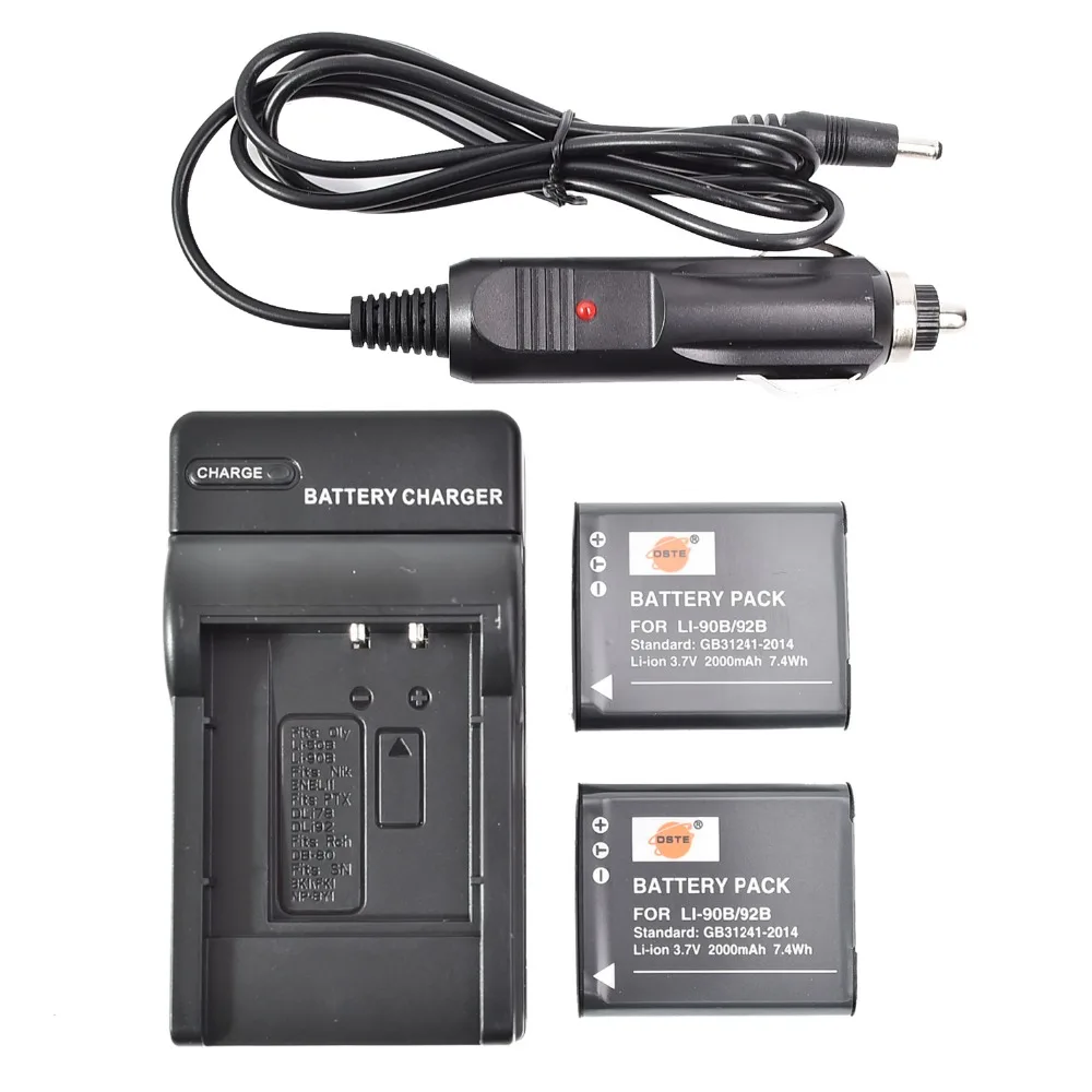 DSTE 2PCS LI 90B Battery with US Plug Charger and Car Charger for