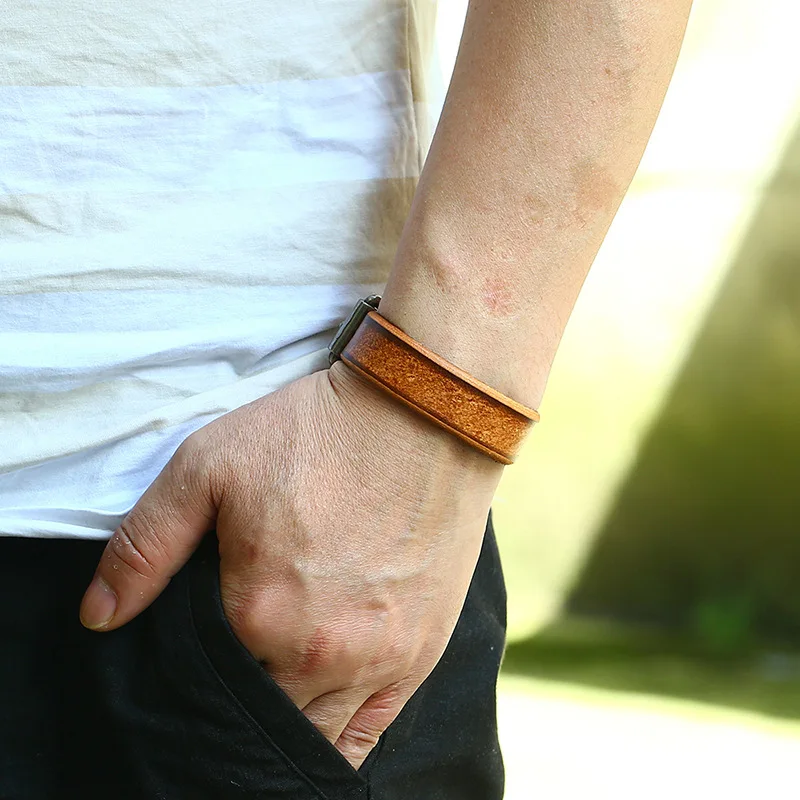Винтажный коричневый браслет из натуральной кожи для мужчин подарочная упаковка браслеты на кнопках и Браслеты Ретро мужские повседневные ювелирные изделия