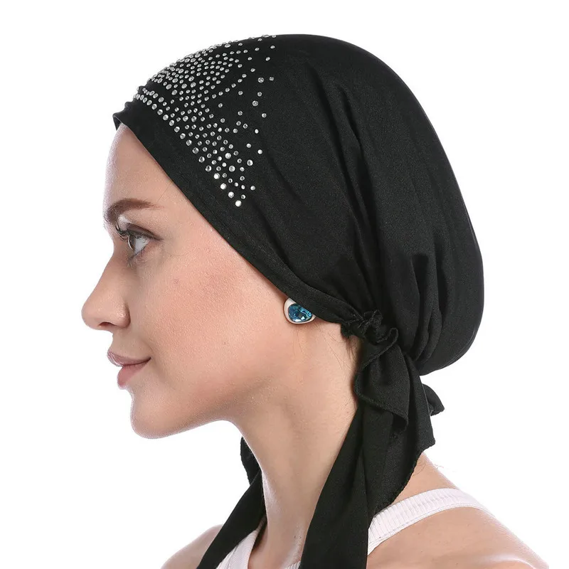 Fashion Muslim Headscarf Hat Thin Summer Women Inner Hijab Bonnet Solid Diamond Turban Caps India Head Wrap Hats For Lady