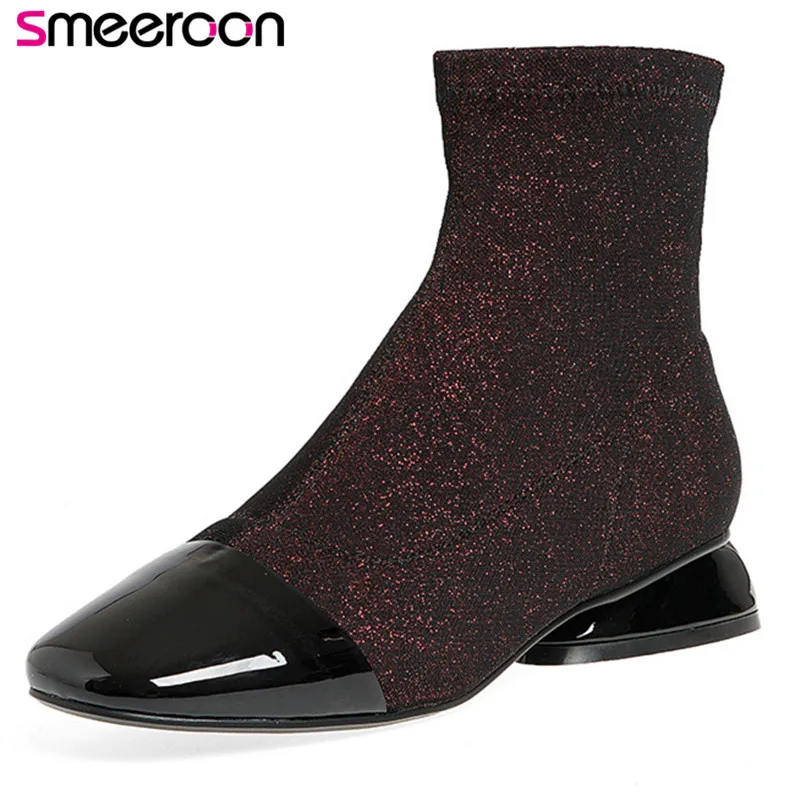 

Smeeroon new arrival autumn winter boots for women med heels boots flock boots ankle slip on square toe women boots