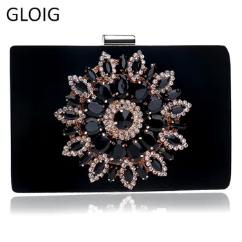 

GLOIG Velvet Fashion Women Clutches Flower Diamonds Metal Evening Bag Blue Red Black Color Rhinestones Wedding Party Purse Bags