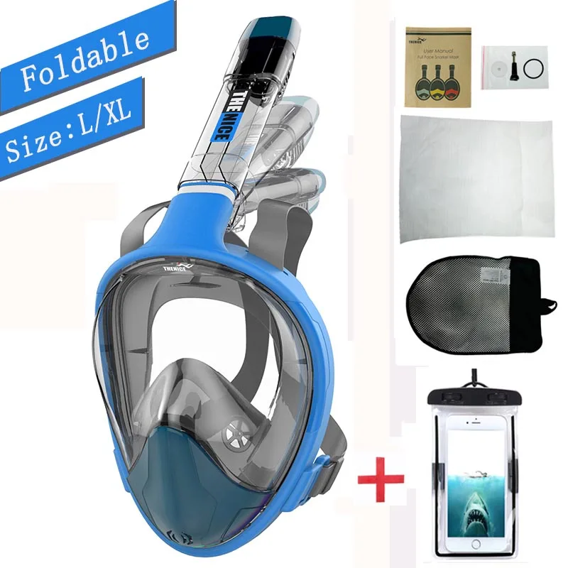 Маска для плавания с полным лицом, складная маска для подводного плавания, маска для подводного плавания, профессиональное оборудование для дайвинга - Цвет: Blue L XL