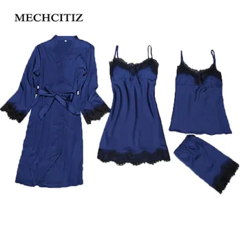 

MECHCITIZ 2019 four pieces women's bathrobe + nightdress + short + tops pajamas sets lace & satin pajamas sets for woman 4 color