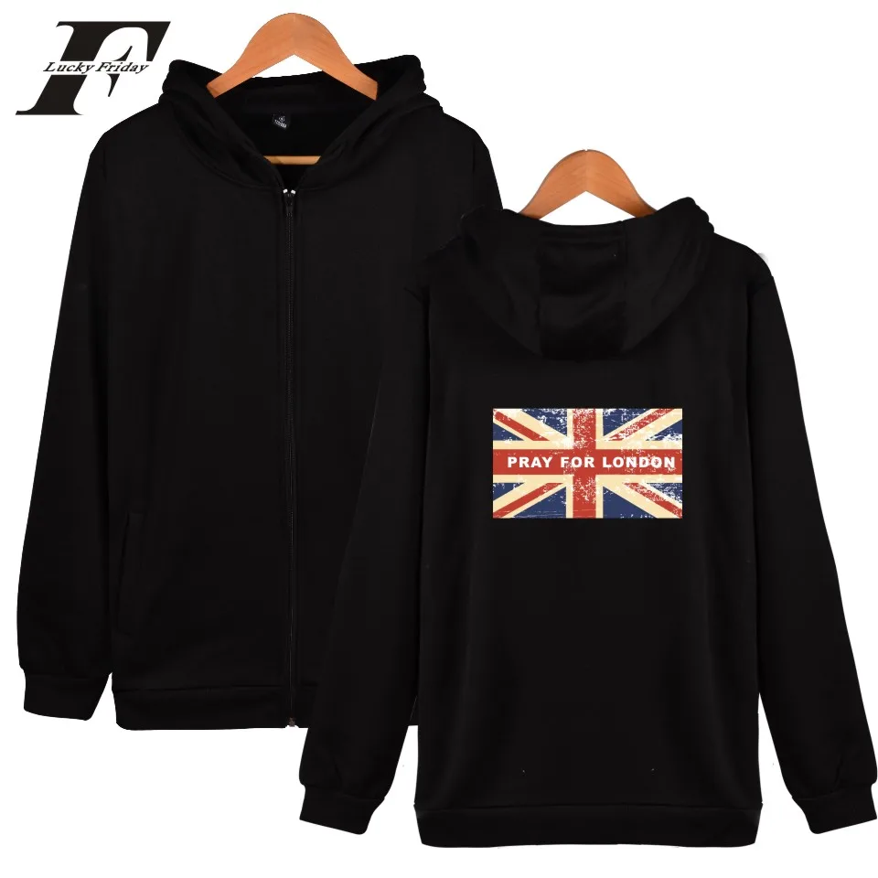 PRAY FOR LONDON Zipper Hoodie Sweatshirt Winter White Black Mens