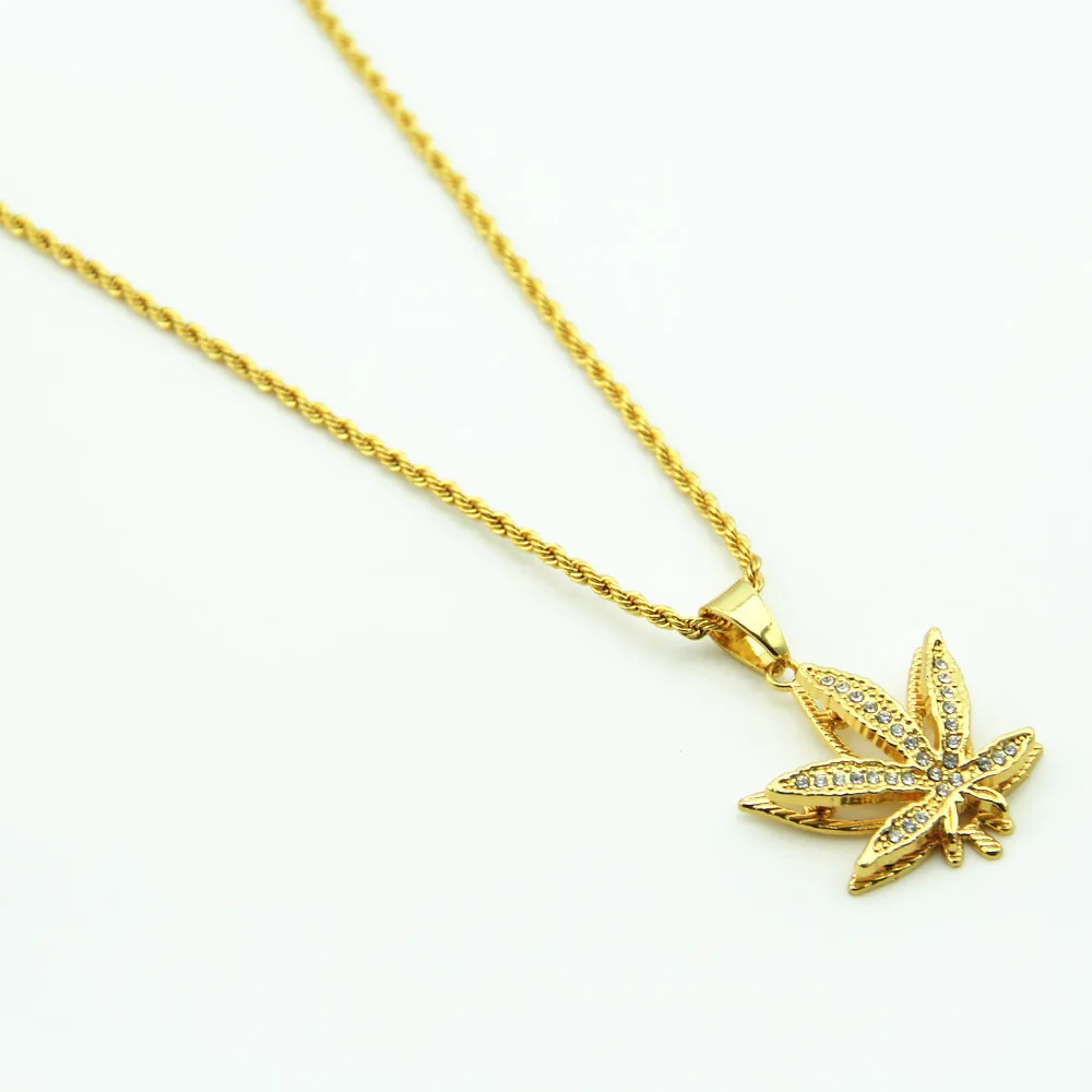 

New Iced Out Weed HipHop Necklace & Pendant Gold Plated Maple Leaf Pendant Long Gold Chains Hip Hop Bling Necklace