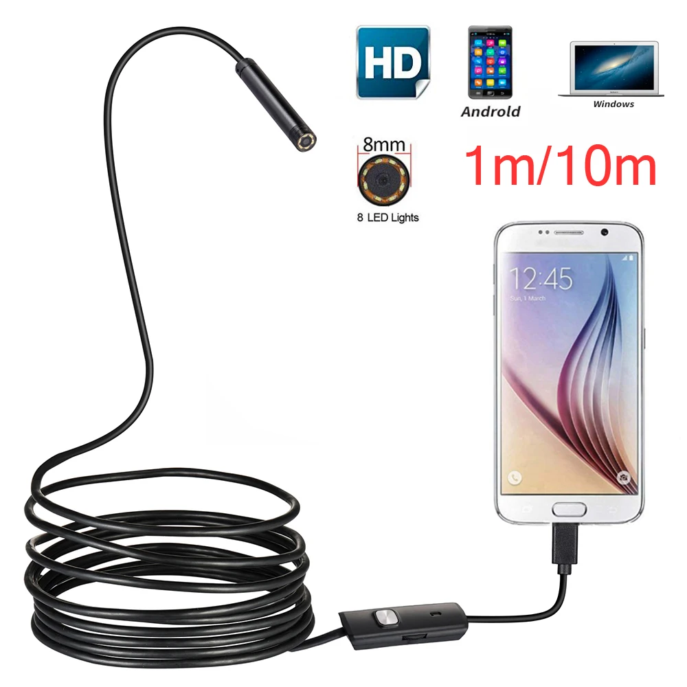 8 мм HD объектив 1 м/2 м/5 м/10 м жесткий кабель Android USB эндоскоп камера светодиодный светильник Borescopes камера для ПК Android телефон