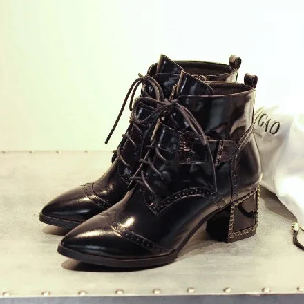 

Kitten Heels Genuine Leather Pointed Toe Lace Up Crytal Casual Women Spring Autumn Ankle Sexy Lady Boots Plus Size 33-43 SXQ0509