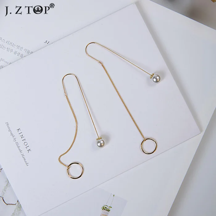 

New Imitation Pearl Piercing Stud Earrings Fashion Simple Hollow Out Round Tassel Long Earring Ear Line Pendientes joyeria mujer