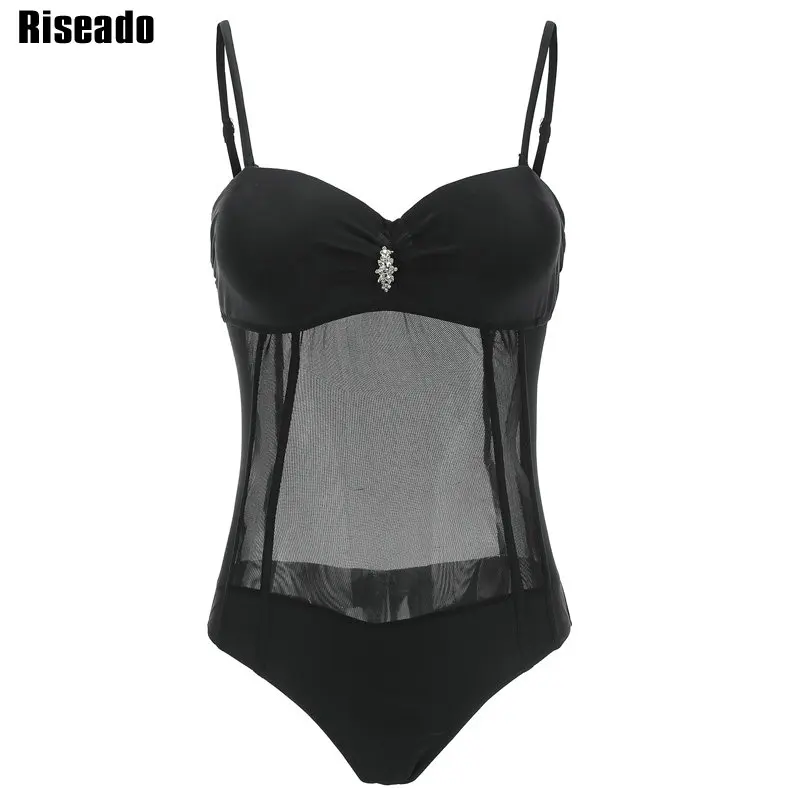 

Riseado 2019 One Piece Swimsuit Sexy Mesh Swimwear Women Push Up Swimsuits Solid Patchwork Beachwear Bathing Suits
