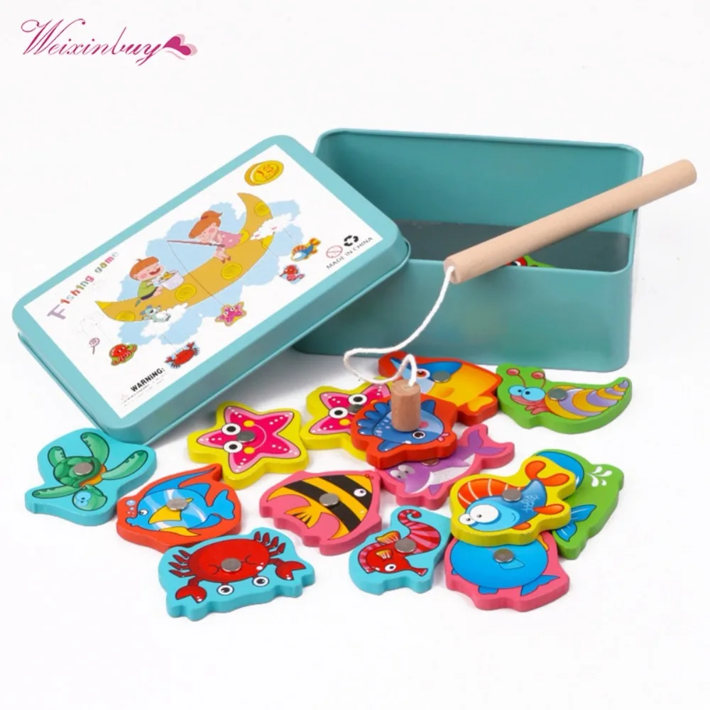 

2019 Children Baby Educational Toy Iron Box Fishing Wooden Game Set Novelty Toys Cognition Magnetic Toys Set Kids Gifts