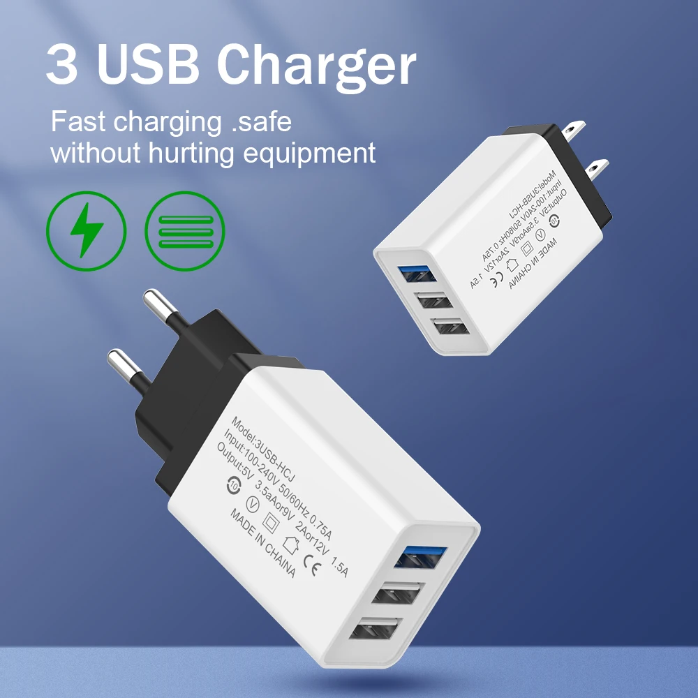 

2A US EU 3 Ports USB charger Universal Phone adapter For iPhone Android Travel wall fast charger for Samsung Huawei Xiaomi Redmi