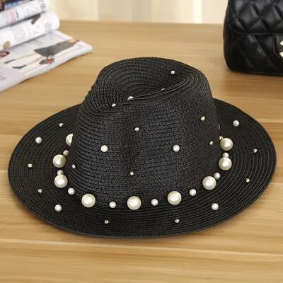 MAERSHEI/Новинка года; летняя соломенная шляпа в британском стиле с жемчугом и бисером; затенение от солнца; женская пляжная шляпа - Цвет: Black 2