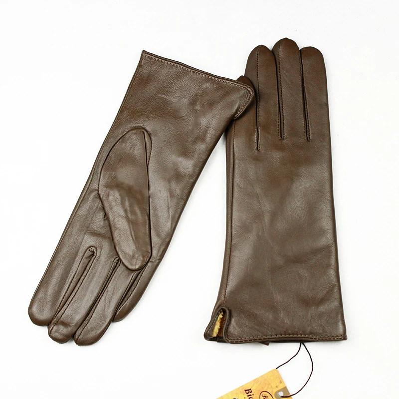 Перчатки из натуральной кожи женские коричневые перчатки из овчины Коралловая флисовая подкладка утепленные осенние женские перчатки для пальцев