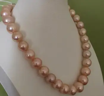 

free shipping gorgeous 13-15mmAAA round gold pink pearl necklace 18inch