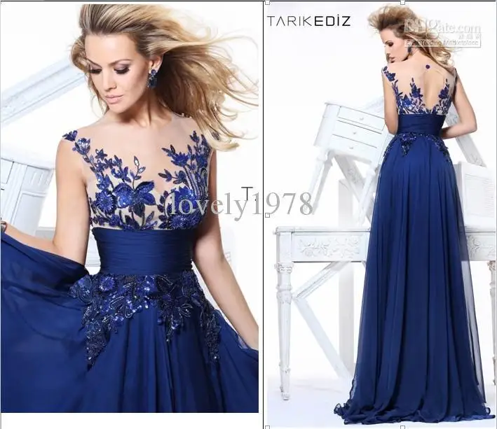 

free shipping 2014 New maxi vestidos formales long Pretty Sheer Bodice Blue Formal Cap Sleeve Chiffon Sequins Celebrity Dresses
