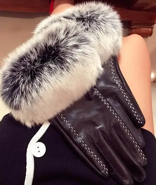 Для женщин осень-зима теплая из натуральной овчины кожаная женские зимние перчатки для сенсорного экрана с кроличьим мехом водительские перчатки R1103