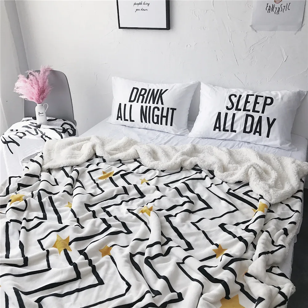 

Nordic Style Thicken Flannel Super Warm Soft Student Dormitory Bed Cover Double Layer Bedspreads Throw Sheep Velvet Blankets