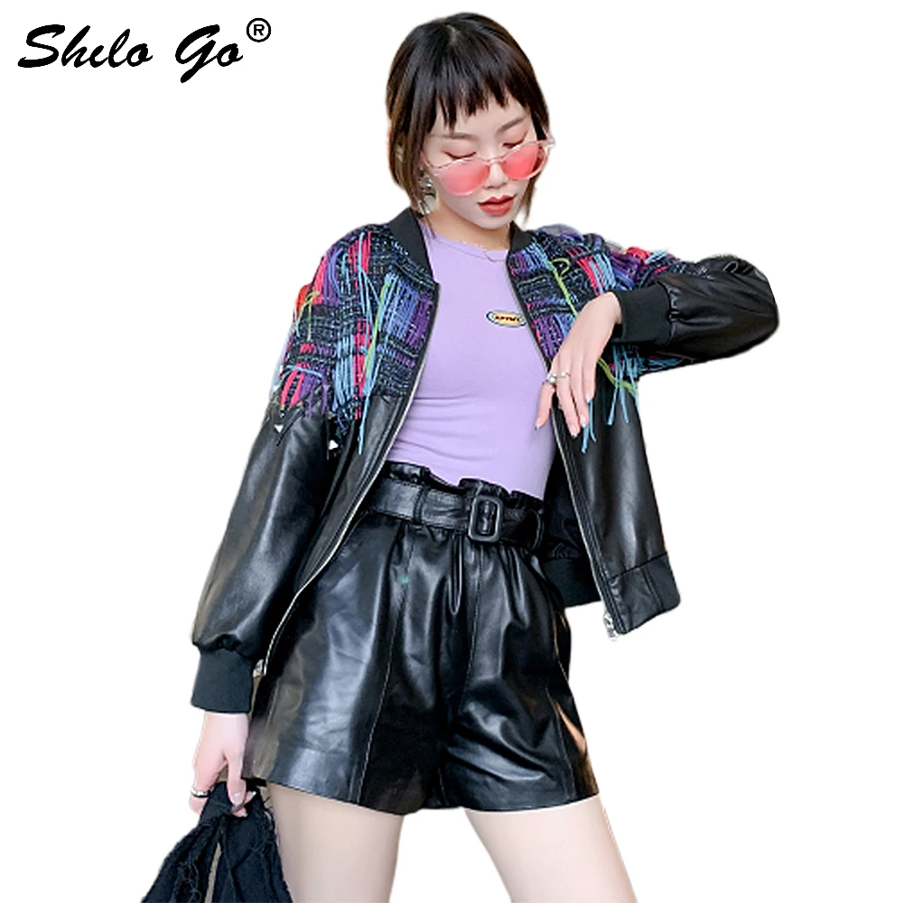 

Casual Leather Jacket Women Autumn Spliced Wool Long Sleeve Sheepskin Genuine Leather Coat Zip Tassel Female Baseball Jacket