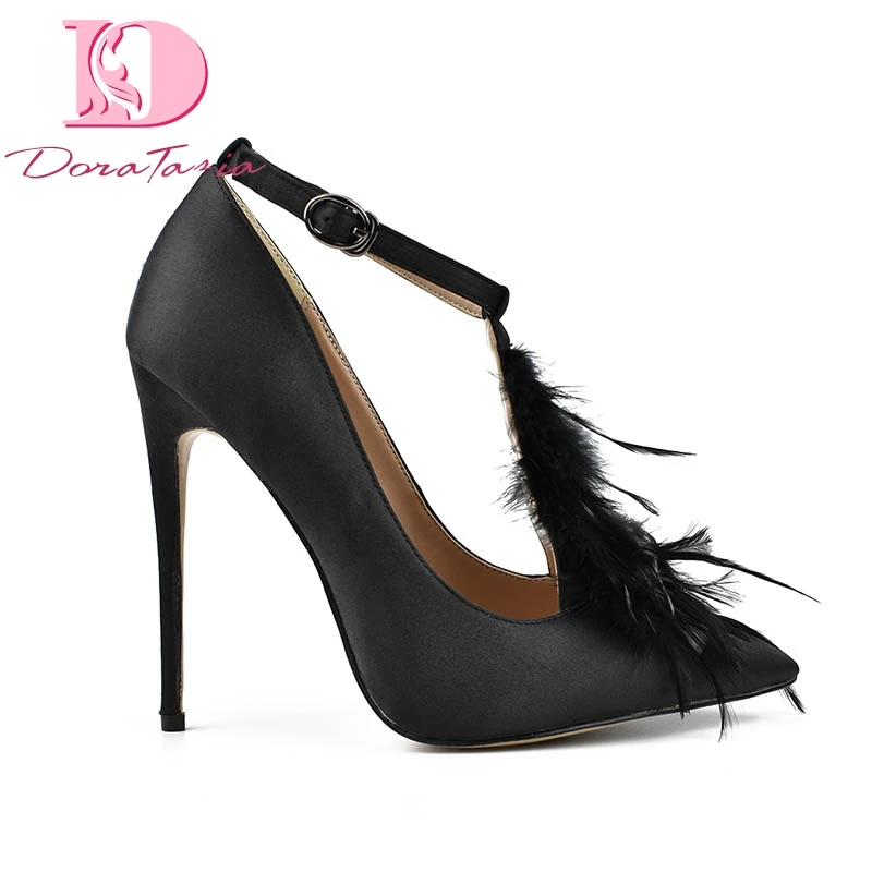 

DoraTasia Brand New Ins Style T-Strap Feather Pumps Big Size 42 High Heel party Shoes Pointed Toe Elegant Stiletto