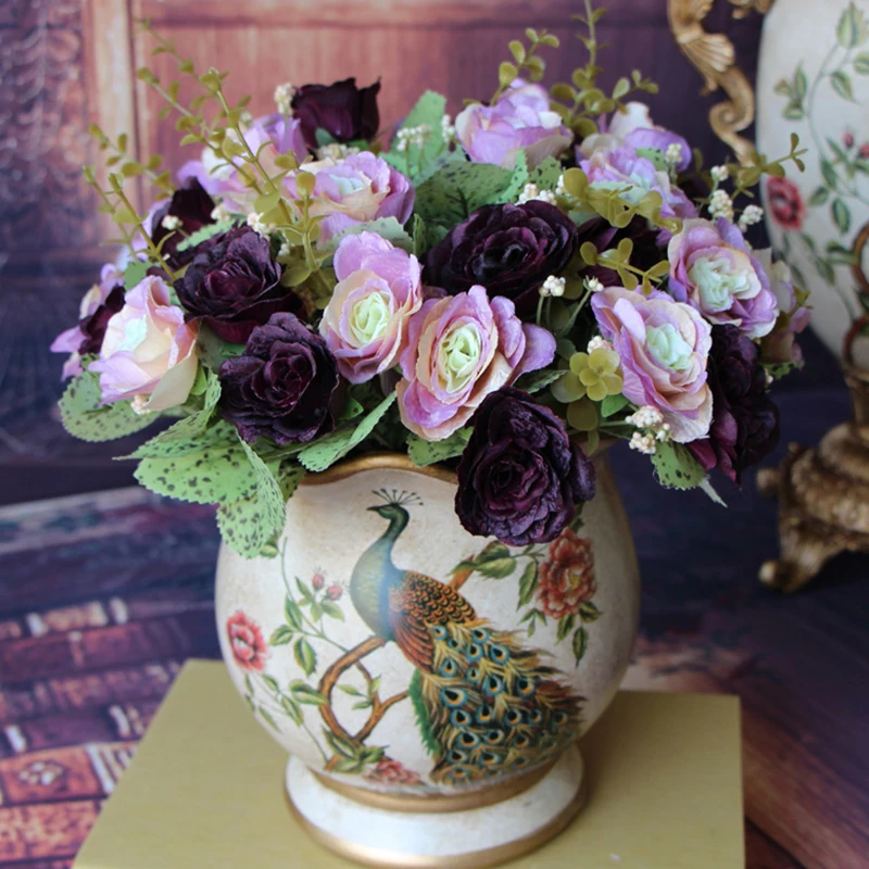 10x Artificial Flower Rose Cloth Fake Bunches Of Flowers Without