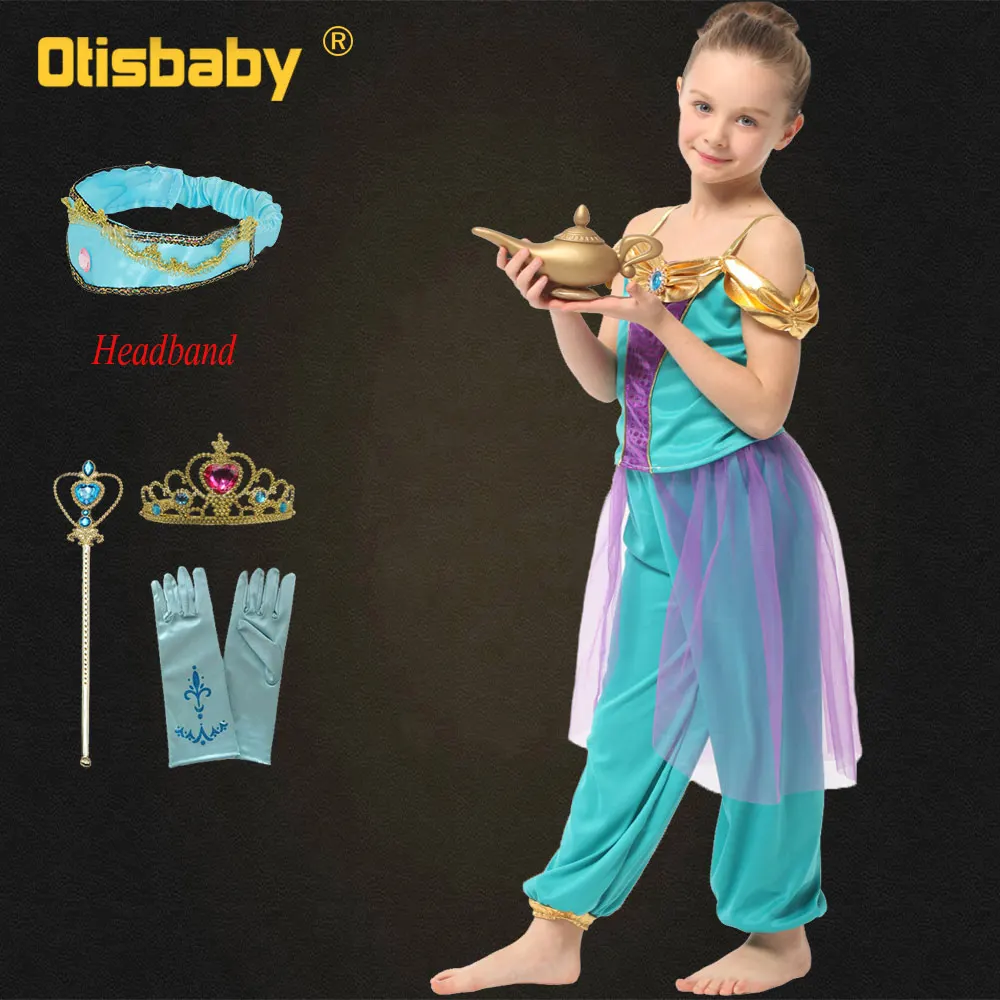 Аладдин лампа девушки принцесса косплей костюмы для детей Девочка платье цвета Жасмин ДО комплекты одежды дети Хэллоуин костюм парик