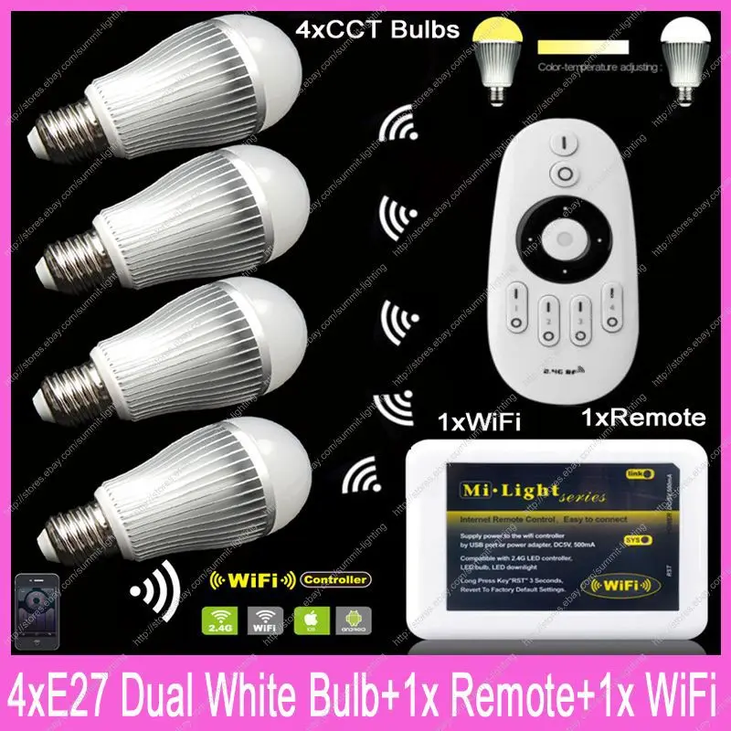 4x E27 Mi. Светильник 9W Цвет Температура Регулируемый двойной белый CW/WW ССТ светодиодный лампы AC85-265V+ 1x2,4G Беспроводной пульт дистанционного управления+ 1xWiFi iBox2