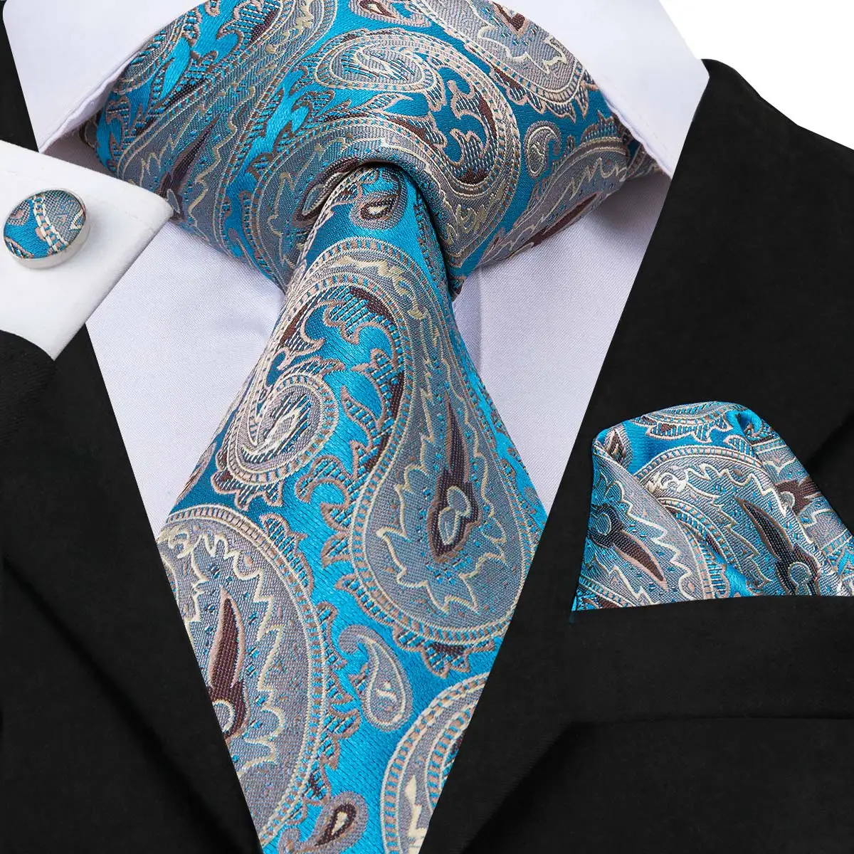 USA Blue Paisley Silk Tie Set Navy Necktie Pocket Square Cufflinks Wedding Party