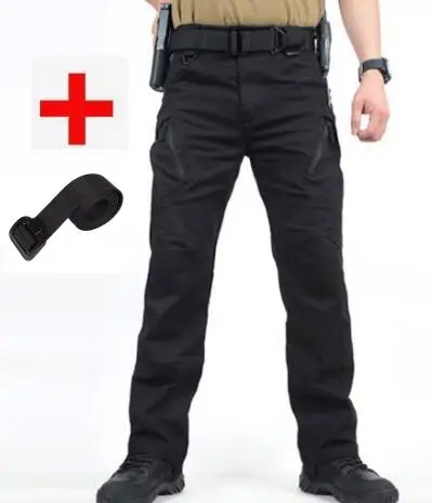 IX9, тактические штаны для мужчин, армейские военные штаны, хлопковые, много карманов, тянущиеся мужские повседневные брюки, XXXL, с тактическими ремнями - Цвет: Black pants and belt