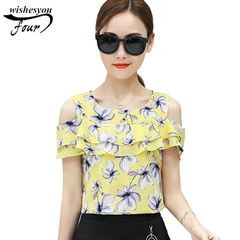 

2017 summer short sleeves sexy Strapless print chiffon women shirt Korean fashion o neck lotus leaf women blouse blusas 62G 30