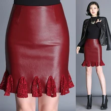 Осень весна Модные женские цвет красного вина Высокая талия кружево лоскутное юбка карандаш, зимние женские узкие трубы юбки для женщи