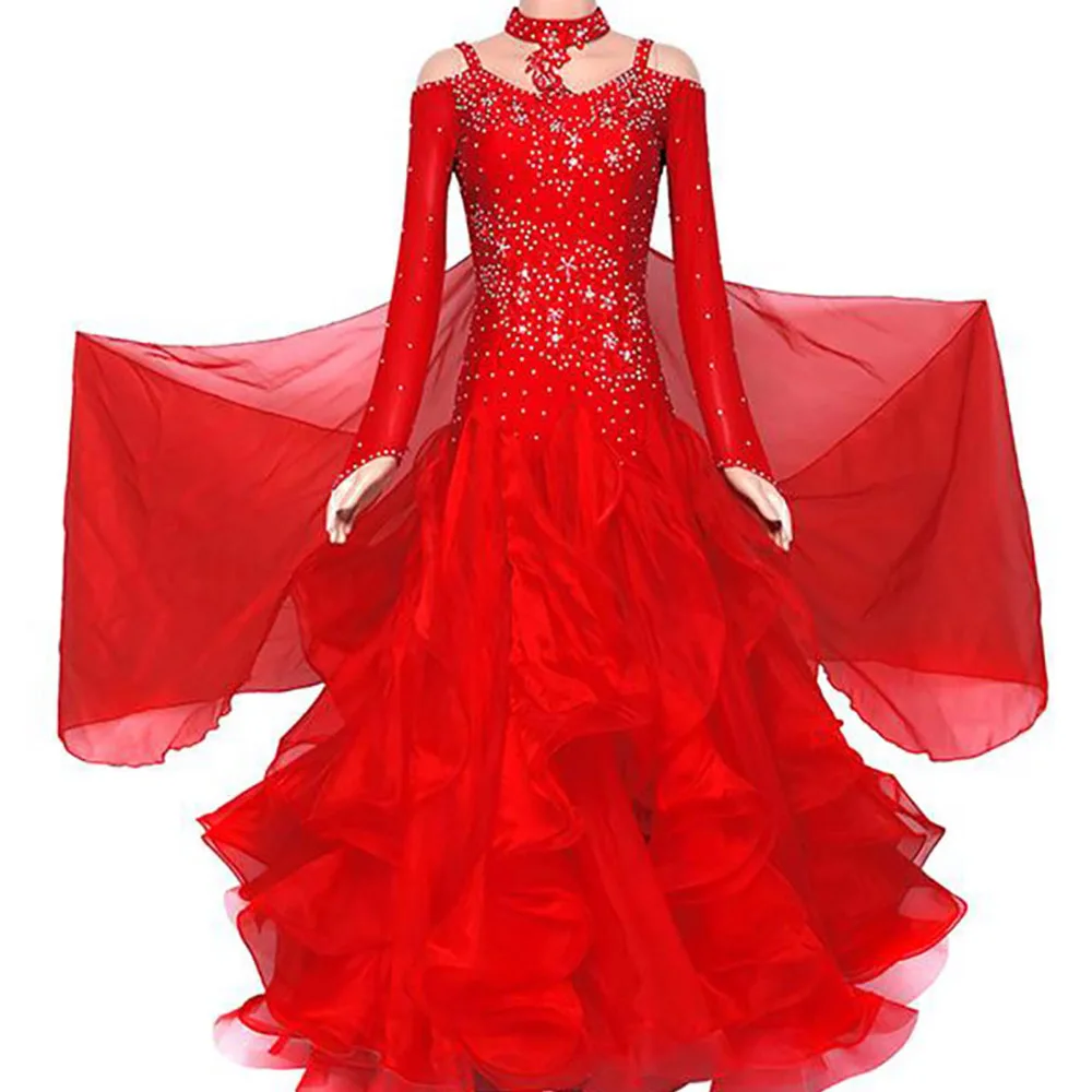 

High Quality Modern Dance Dresses For Ladies Red Color Long Sleeve Brace Skirt Professional Women Feminine Vintage Garment N4002