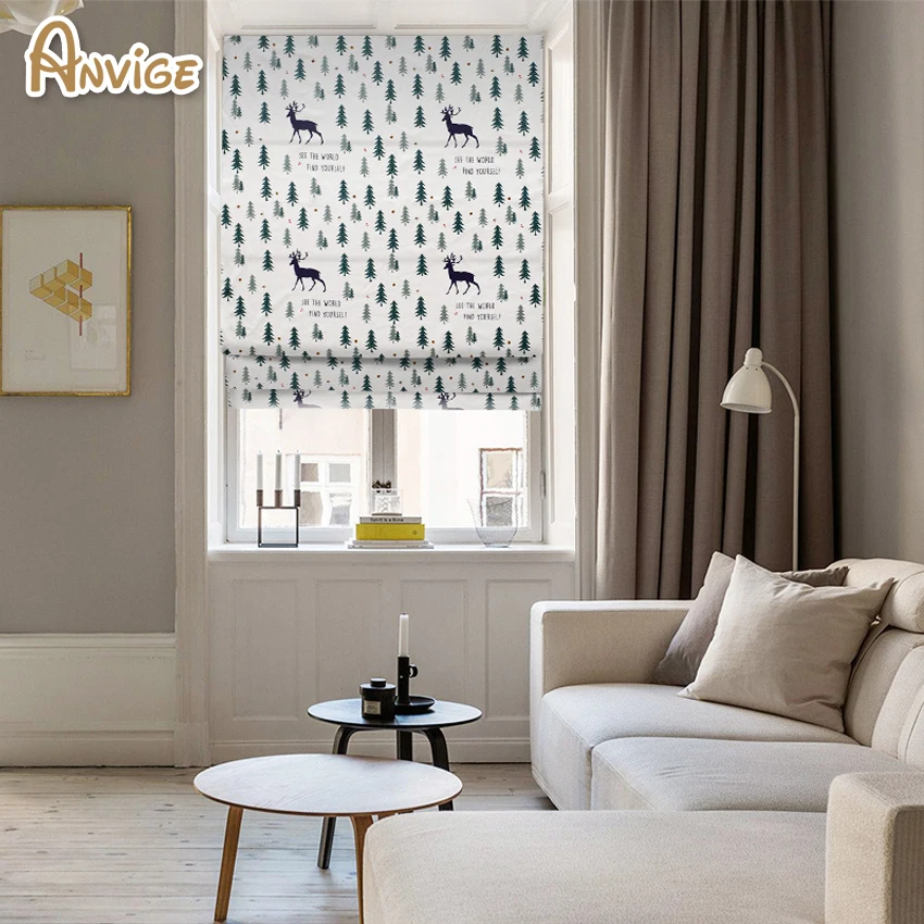 

Anvige Motorized Cartoon Deer Printed Roman Shade Rollor Blind Window Curtains For Living Room