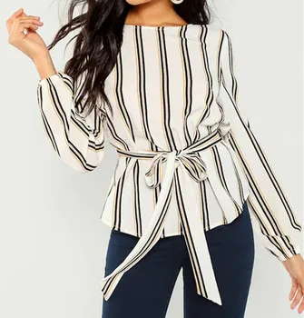 

White Office Lady Elegant Striped Print Scoop Neck Long Sleeve Blouse 2020 New Autumn Workwear Women Tops And Blouses