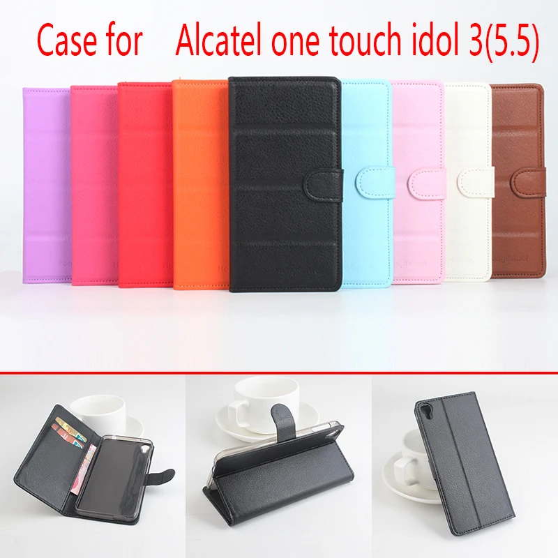 

For Alcatel one touch idol 3 5.5 Phone Case Folio Flip Pure Color Lichee Pattern PU Leather Wallet Case Cover Cash/Card Slots sh