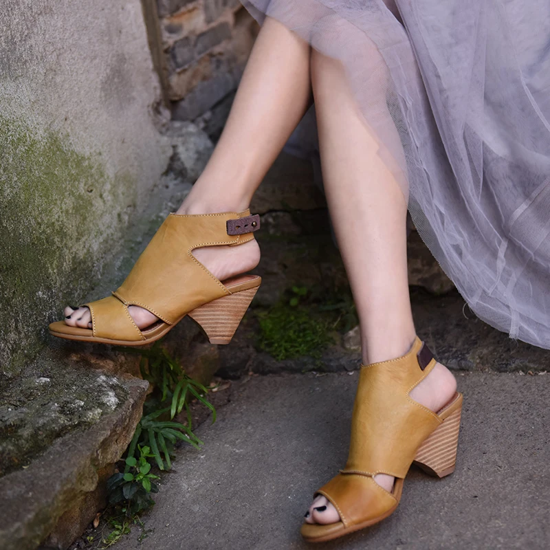 Artmu/оригинальные летние новые женские босоножки на толстом каблуке в стиле ретро удобная обувь ручной работы из воловьей кожи на высоком каблуке 0021-4