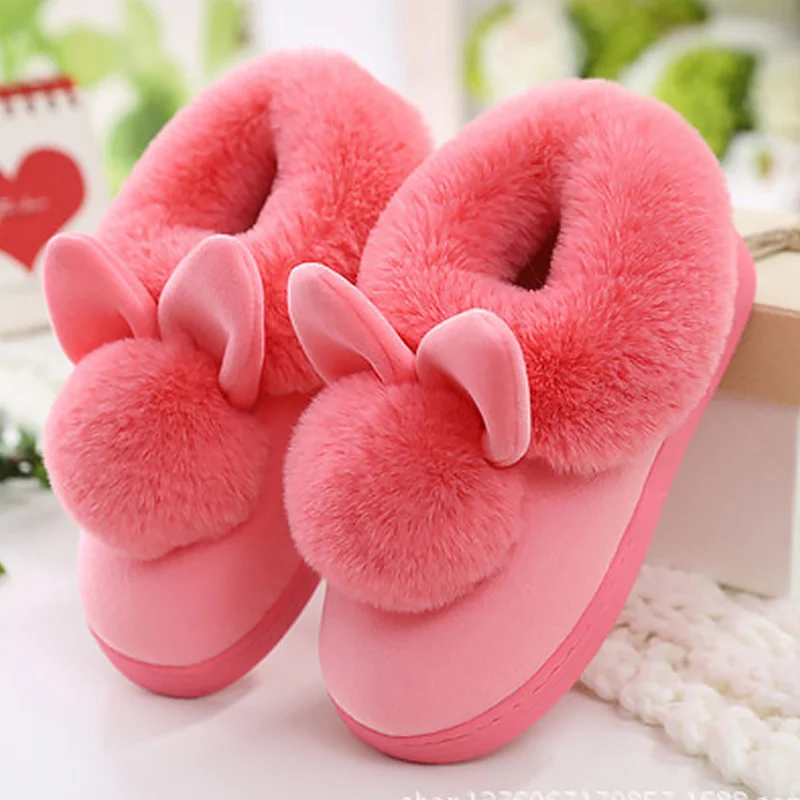 Женские пушистый кролик; Домашние зимние тапочки размера плюс; женская обувь на плоской подошве; теплая Домашняя плюшевая удобная обувь без застежки; женская обувь - Цвет: watermelon red